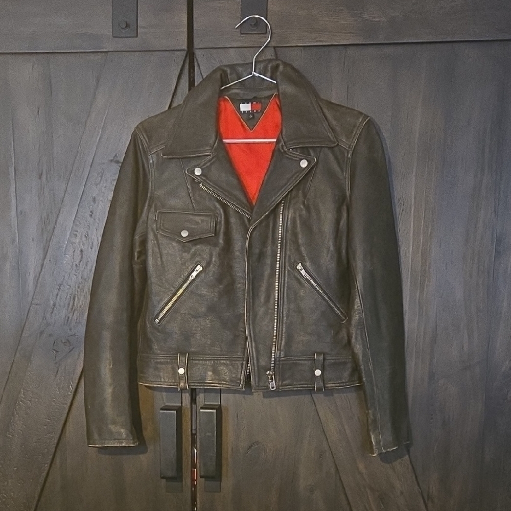 VINTAGE 90s Tommy Hilfiger Black Leather Distressed Jacket with Red Iining